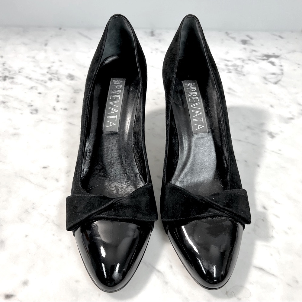 PREVATA Heels Twist Bow Patent Suede Black Italy Semi Point Toe 7B